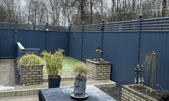Blue ColourFence in a contemporary patio garden